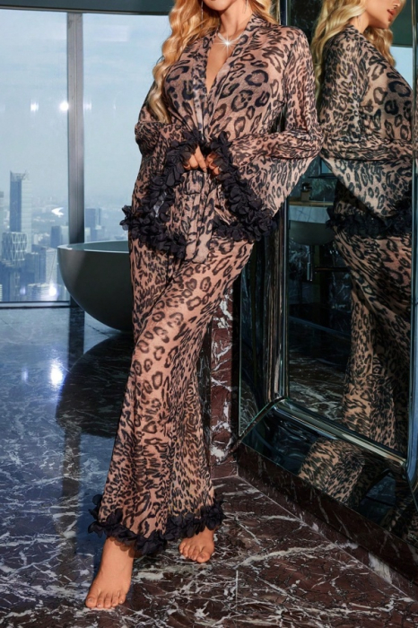 Set pijama sexy print Leopard, halat, cordon si pantaloni lungi DLS-3567 [3]