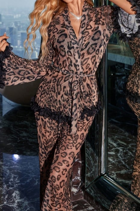Set pijama sexy print Leopard, halat, cordon si pantaloni lungi DLS-3567 [4]