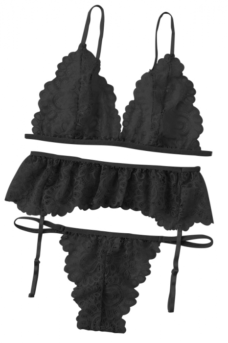 Set lenjerie sexy cu dantela, sutien, portjartier si chiloti tanga TY-LX61negru [4]