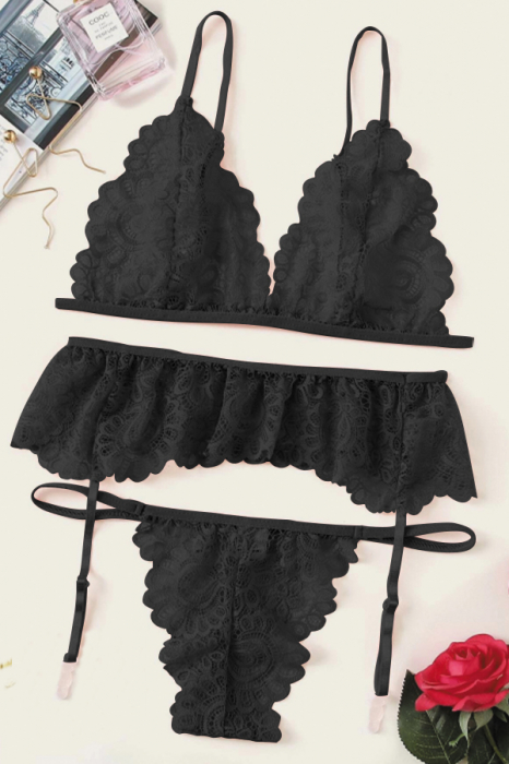 Set lenjerie sexy cu dantela, sutien, portjartier si chiloti tanga TY-LX61negru [3]