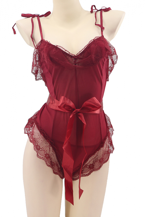 Set sexy, body semitransparent cu dantela, cordon si chiloti tanga TY-L101visiniu [2]
