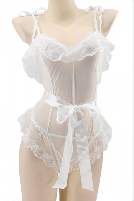Set sexy, body semitransparent cu dantela, cordon si chiloti tanga TY-L101alb [2]