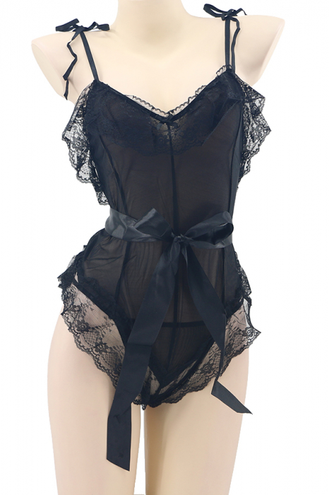Set sexy, body semitransparent cu dantela, cordon si chiloti tanga TY-L101negru [2]