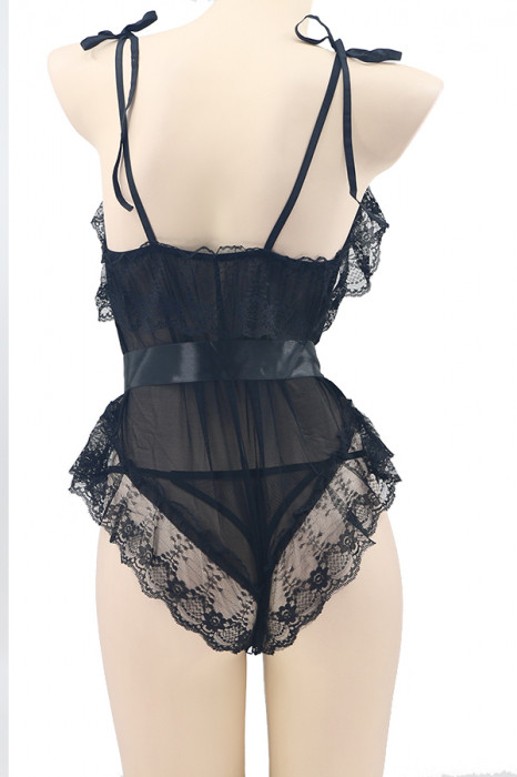 Set sexy, body semitransparent cu dantela, cordon si chiloti tanga TY-L101negru [3]