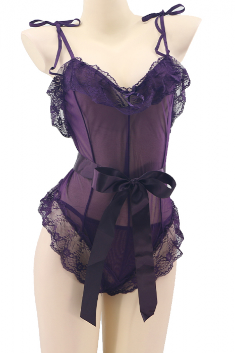 Set sexy, body semitransparent cu dantela, cordon si chiloti tanga TY-L101mov [2]