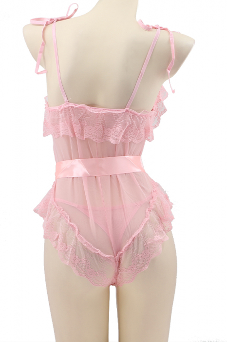 Set sexy, body semitransparent cu dantela, cordon si chiloti tanga TY-L101roz [3]