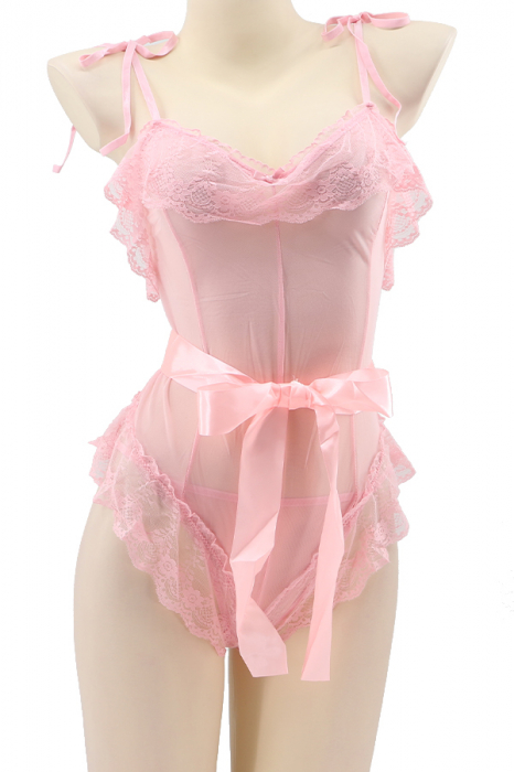 Set sexy, body semitransparent cu dantela, cordon si chiloti tanga TY-L101roz [2]