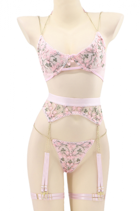 Set lenjerie sexy, sutien, chiloti tanga si portjartier cu jartiere detasabile TY-LX151roz [2]