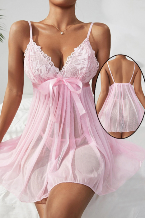 Set sexy, camasa de noapte transparenta, cordon si chiloti tanga TY-S665roz [4]