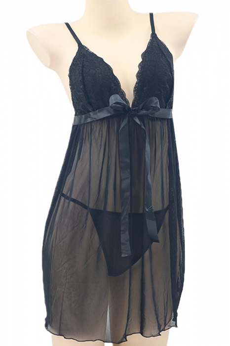 Set sexy, camasa de noapte transparenta, cordon si chiloti tanga TY-S665negru [2]