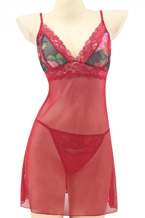 Set sexy cu dantela brodata, camasa de noapte si chiloti tanga TY-PLUS139rosu [2]