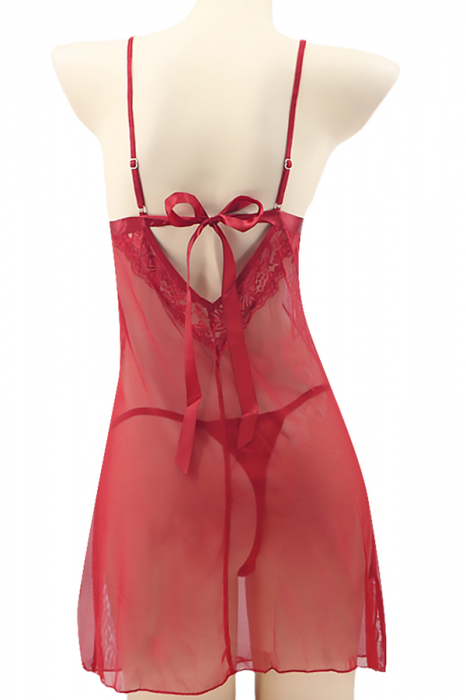 Set sexy cu dantela brodata, camasa de noapte si chiloti tanga TY-PLUS139rosu [3]