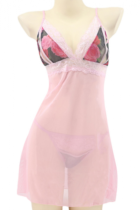 Set sexy cu dantela brodata, camasa de noapte si chiloti tanga TY-PLUS139roz deschis [2]