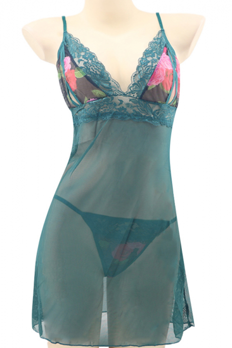 Set sexy cu dantela brodata, camasa de noapte si chiloti tanga TY-PLUS139verde [2]