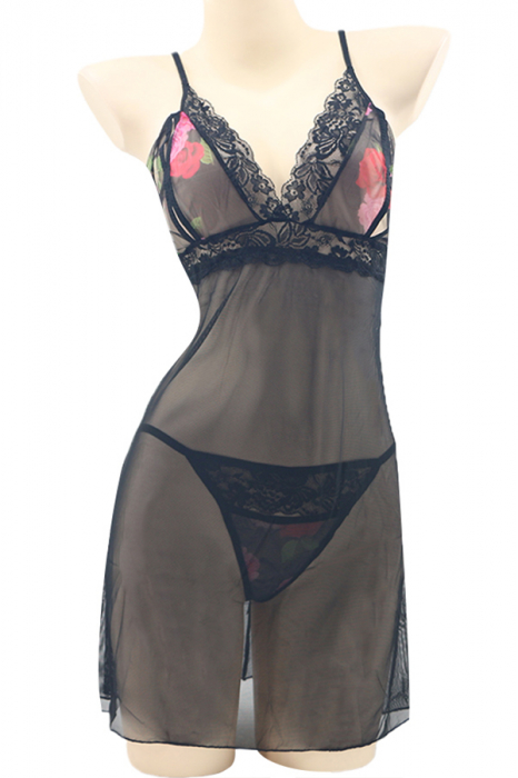 Set sexy cu dantela brodata, camasa de noapte si chiloti tanga TY-PLUS139negru [2]