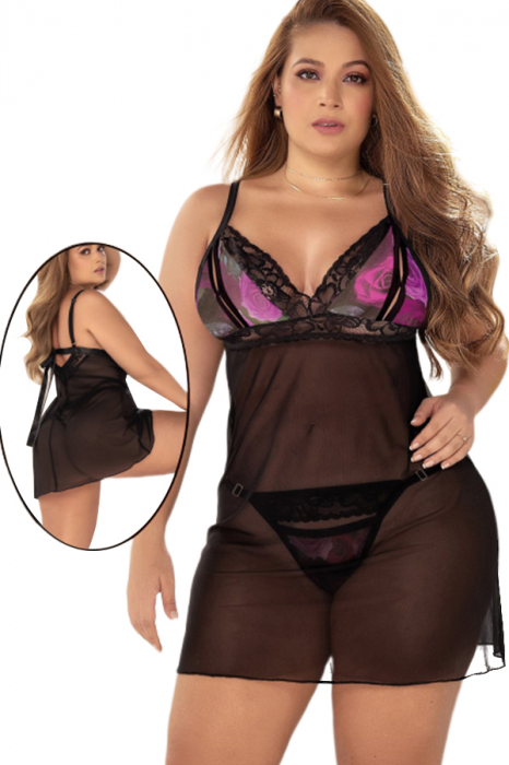 Set sexy cu dantela brodata, camasa de noapte si chiloti tanga TY-PLUS139negru [4]