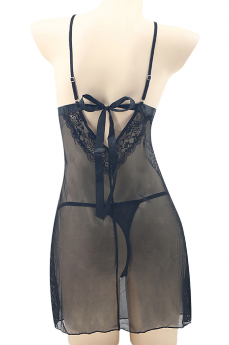 Set sexy cu dantela brodata, camasa de noapte si chiloti tanga TY-PLUS139negru [3]