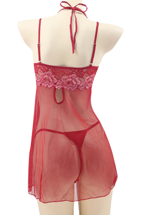 Set sexy cu dantela brodata, camasa de noapte si chiloti tanga TY-PLUS13visiniu [3]