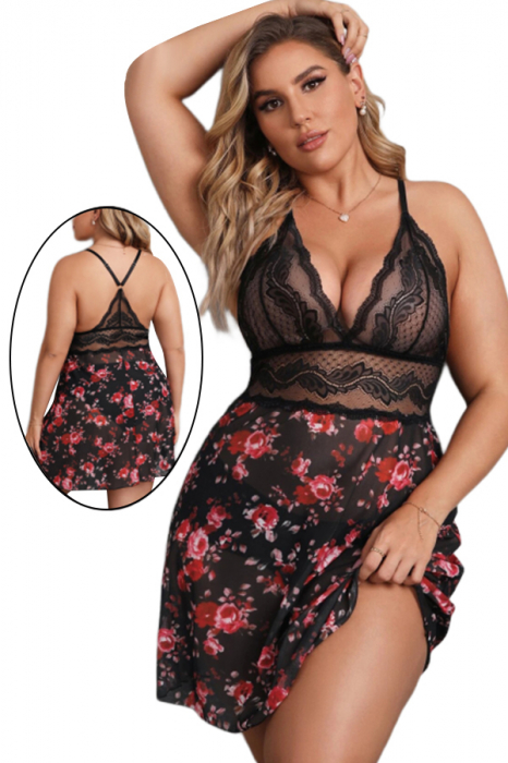 Set sexy cu dantela brodata, camasa de noapte si chiloti tanga TY-PLUS154negru [4]