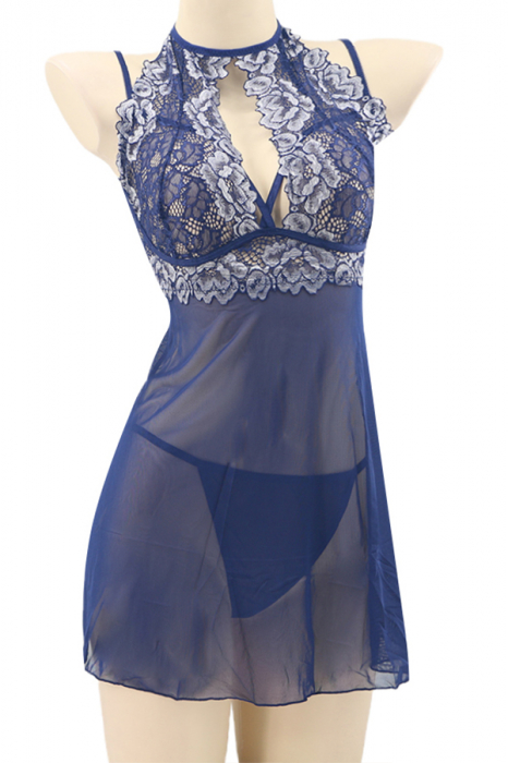 Set sexy cu dantela brodata, camasa de noapte si chiloti tanga TY-PLUS13bleumarin [2]