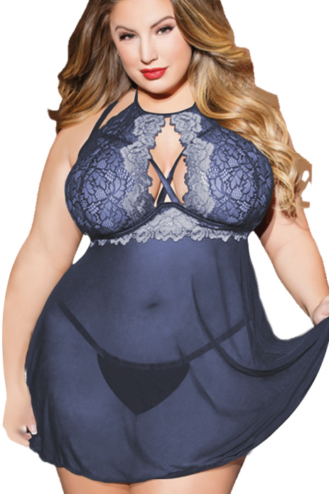 Set sexy cu dantela brodata, camasa de noapte si chiloti tanga TY-PLUS13bleumarin [1]