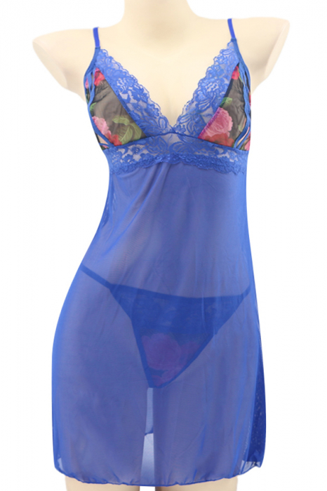 Set sexy cu dantela brodata, camasa de noapte si chiloti tanga TY-PLUS139bleumarin [2]