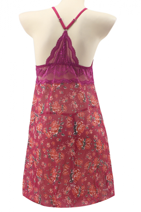 Set sexy cu dantela brodata, camasa de noapte si chiloti tanga TY-PLUS154fucsia [3]