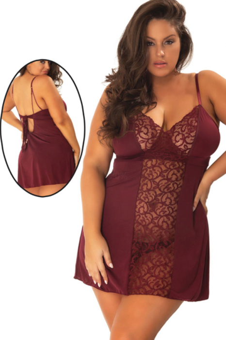 Set sexy cu dantela si aspect satin, camasa de noapte si chiloti tanga TY-PLUS79visiniu [4]