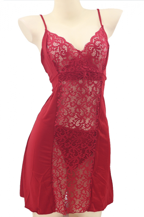 Set sexy cu dantela si aspect satin, camasa de noapte si chiloti tanga TY-PLUS79visiniu [2]