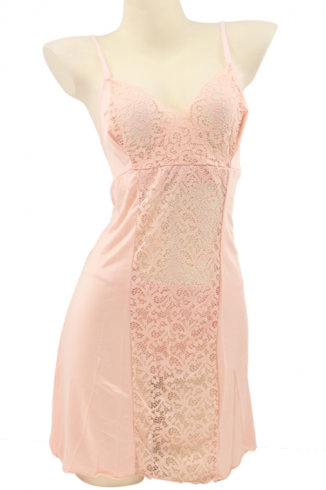 Set sexy cu dantela si aspect satin, camasa de noapte si chiloti tanga TY-PLUS79roz deschis [2]