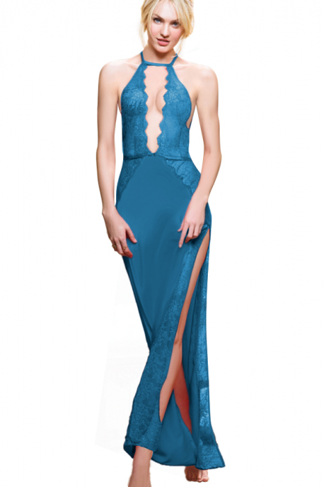 Set sexy cu dantela si aspect satin, rochie delicata si chiloti tanga TY-1949turcoaz [1]