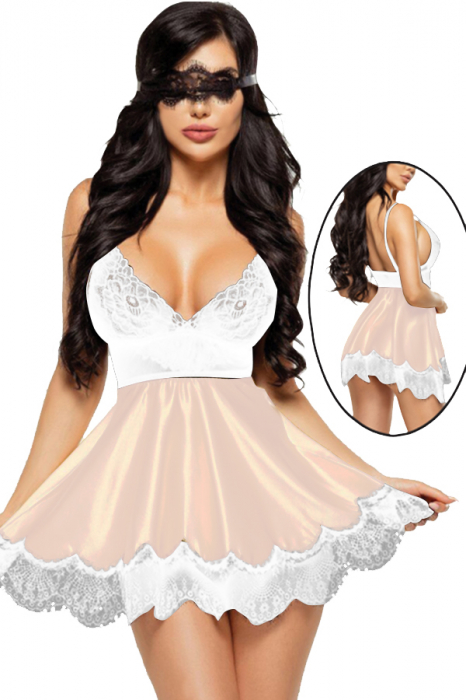 Set sexy cu dantela si aspect satin, rochita, chiloti tanga si accesoriu TY-S421roz [4]