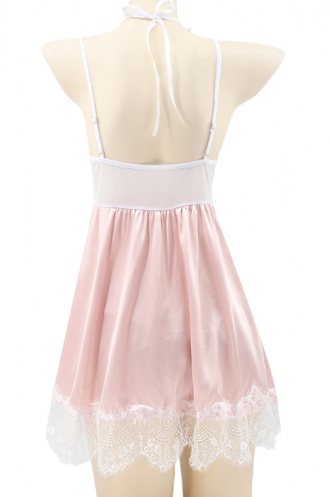Set sexy cu dantela si aspect satin, rochita, chiloti tanga si accesoriu TY-S421roz [3]