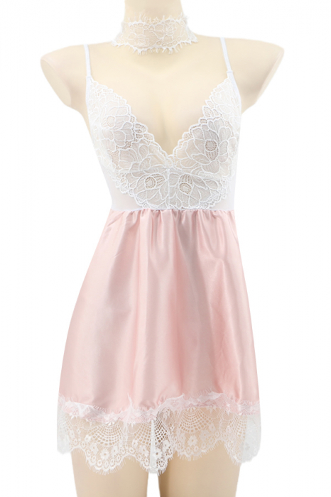 Set sexy cu dantela si aspect satin, rochita, chiloti tanga si accesoriu TY-S421roz [2]