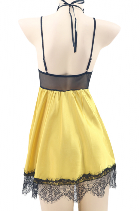Set sexy cu dantela si aspect satin, rochita, chiloti tanga si accesoriu TY-S421galben [3]