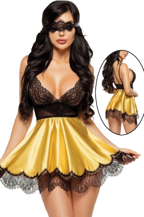 Set sexy cu dantela si aspect satin, rochita, chiloti tanga si accesoriu TY-S421galben [4]