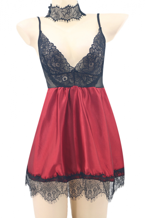 Set sexy cu dantela si aspect satin, rochita, chiloti tanga si accesoriu TY-S421visiniu [2]