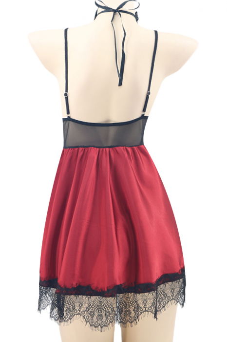Set sexy cu dantela si aspect satin, rochita, chiloti tanga si accesoriu TY-S421visiniu [3]