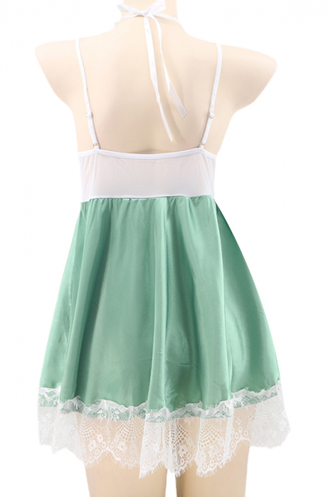 Set sexy cu dantela si aspect satin, rochita, chiloti tanga si accesoriu TY-S421verde [3]