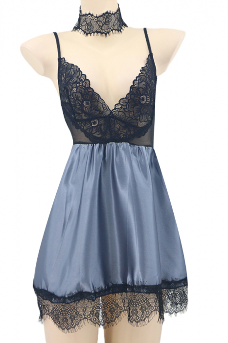 Set sexy cu dantela si aspect satin, rochita, chiloti tanga si accesoriu TY-S421gri [2]