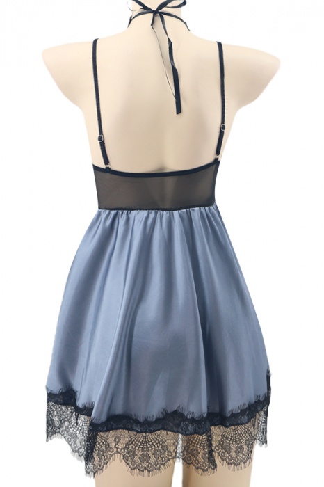 Set sexy cu dantela si aspect satin, rochita, chiloti tanga si accesoriu TY-S421gri [3]