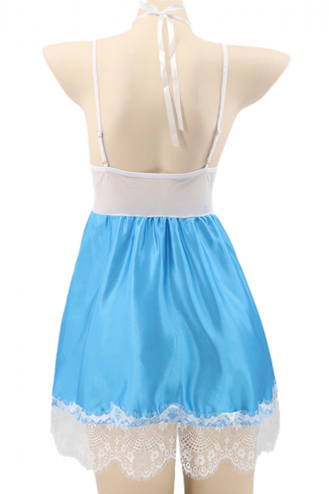 Set sexy cu dantela si aspect satin, rochita, chiloti tanga si accesoriu TY-S421albastru [3]