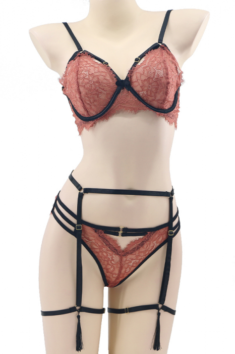 Set sexy cu dantela, sutien, chiloti brazilieni si portjartier cu ciucuri TY-LX114portocaliu [2]