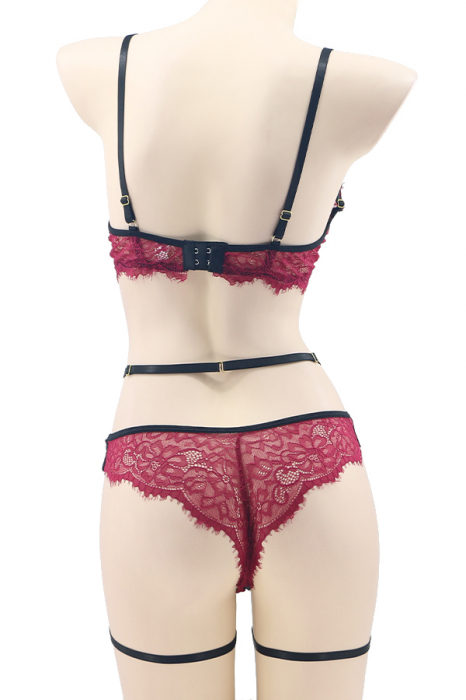 Set sexy cu dantela, sutien, chiloti brazilieni si portjartier cu ciucuri TY-LX114visiniu [3]