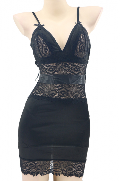 Set lenjerie sexy, rochita cu dantela, cordon si chiloti tanga TY-1739negru [2]
