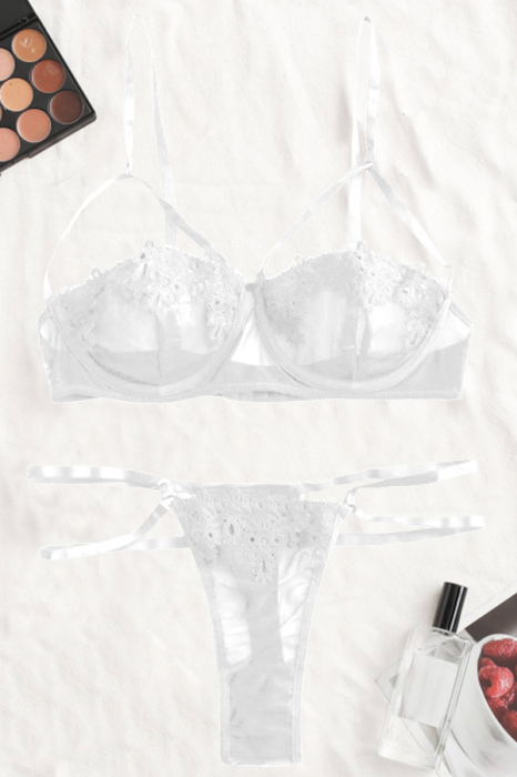 Set lenjerie sexy transparenta, cu dantela, sutien si chiloti tanga TY-LX2alb [3]