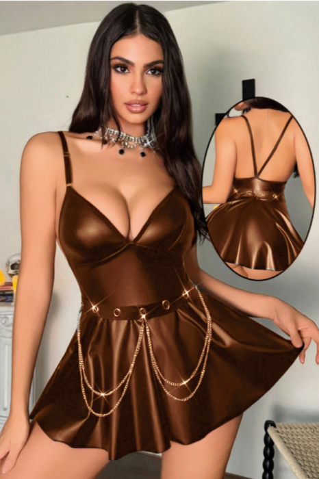 Set sexy din piele sintetica lucioasa, rochita, chiloti tanga si curea TY-PU115maro [2]