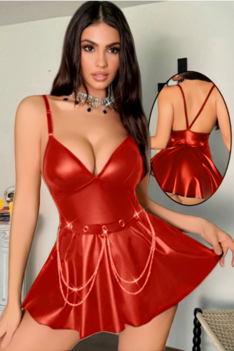 Set sexy din piele sintetica lucioasa, rochita, chiloti tanga si curea TY-PU115rosu [2]