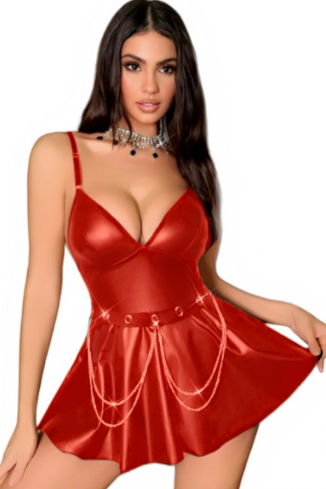 Set sexy din piele sintetica lucioasa, rochita, chiloti tanga si curea TY-PU115rosu [1]