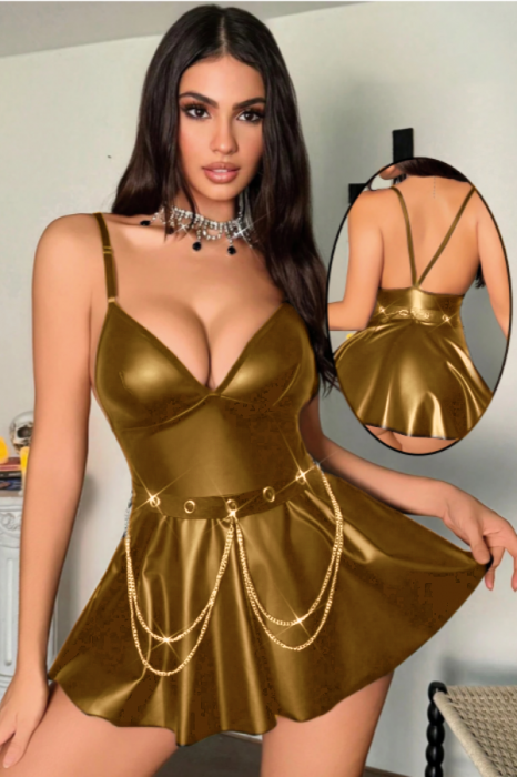 Set sexy din piele sintetica lucioasa, rochita, chiloti tanga si curea TY-PU115auriu [2]